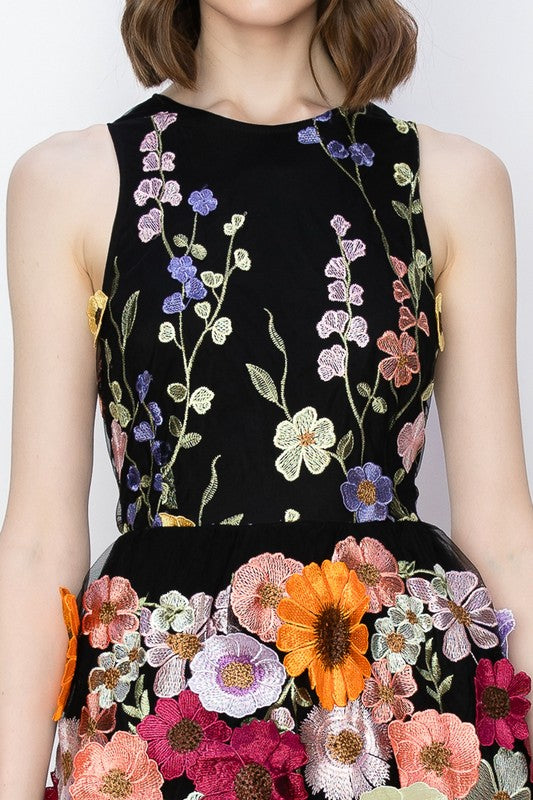 Sleeveless Floral Embroidered Midi Dress