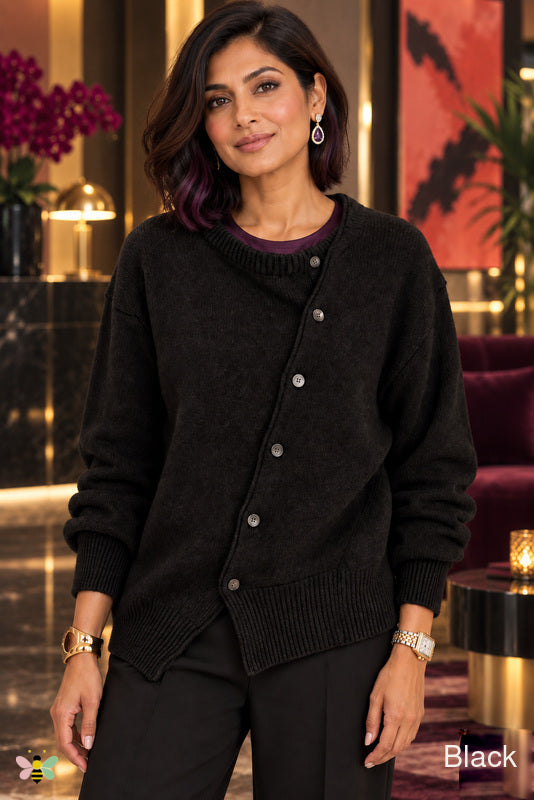 Gallery Line Asymmetric Button Sweater | Black | photo