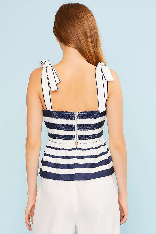 Shoulder Strap Stripe Ruffle Bottom Top