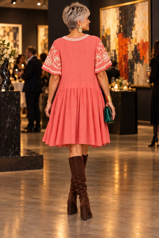 Coral Muse Embroidered Flutter-Sleeve Dress — back view
