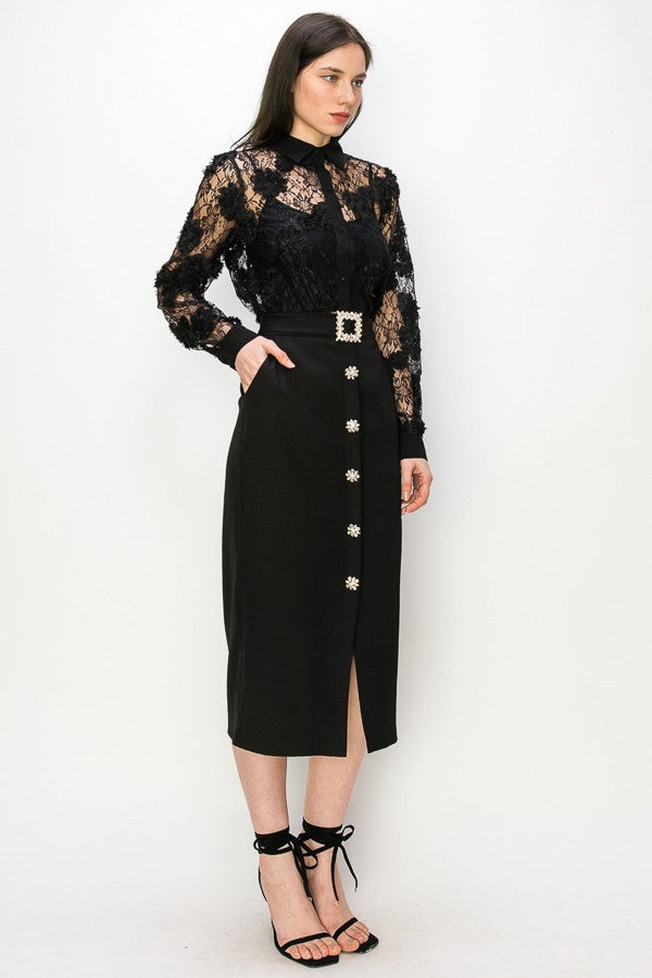 Long Sleeve Floral Lace Button Front Shirt Blouse