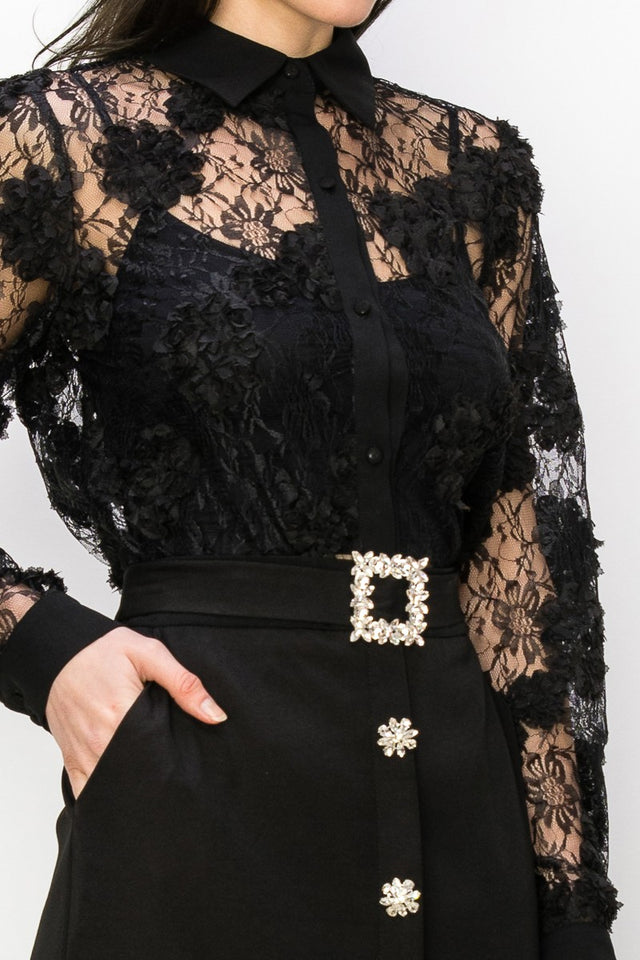 Long Sleeve Floral Lace Button Front Shirt Blouse