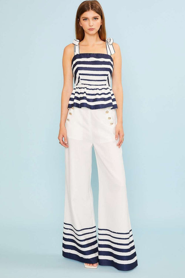 Shoulder Strap Stripe Ruffle Bottom Top
