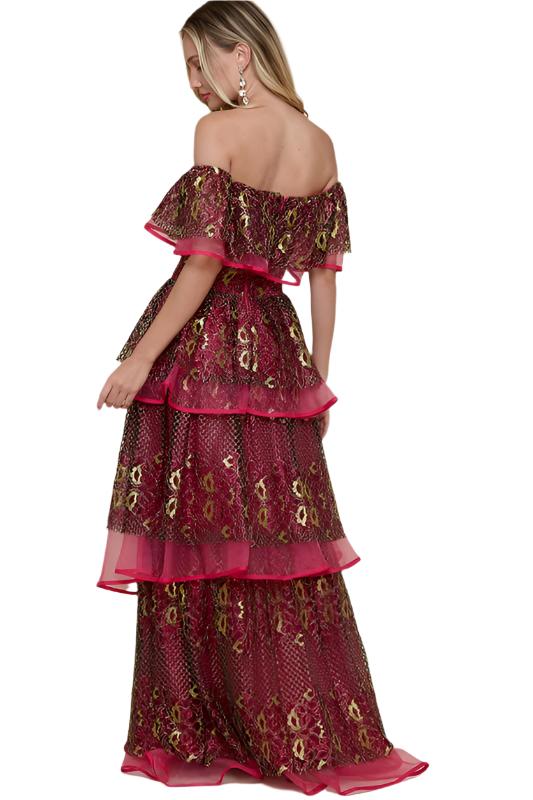 Metallic Off Shoulder Tiered Dress