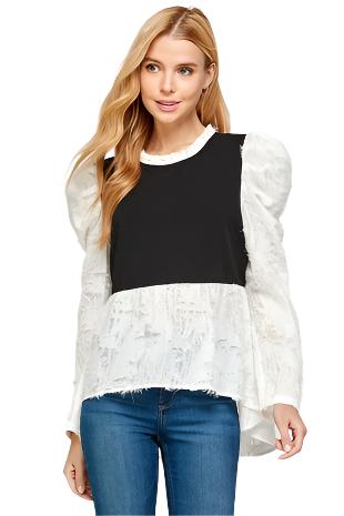 Puff Sleeve Knit Jersey Mix Hi-Lo Top