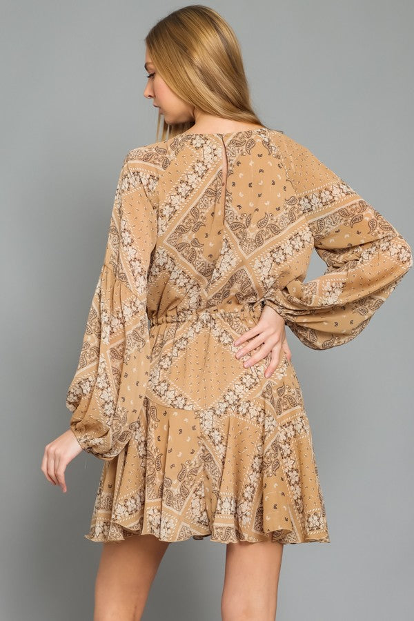 Long Sleeve Crew Neck Tie Front Waist Mini Dress