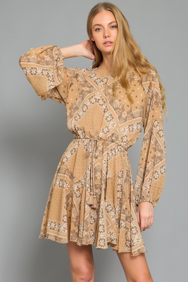 Long Sleeve Crew Neck Tie Front Waist Mini Dress