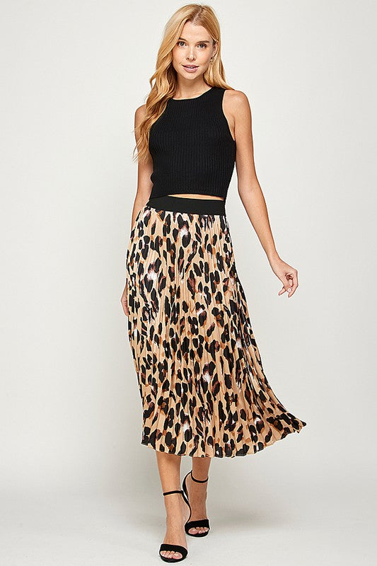 Animal Print Pleated Midi Skirt