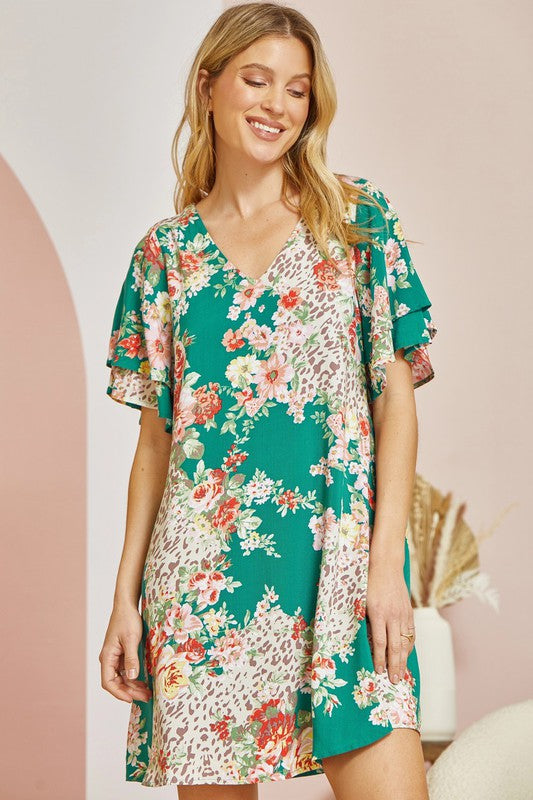 Teal Floral Print Dress