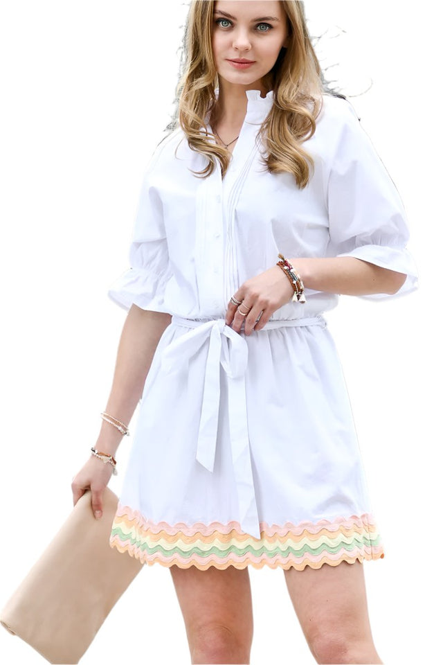 Elastic Waist Bell Sleeve Button Up Dress