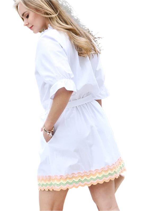 Elastic Waist Bell Sleeve Button Up Dress