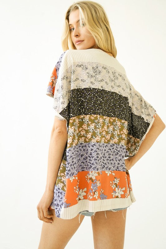 Mixed Print Flowy Open Cardigan