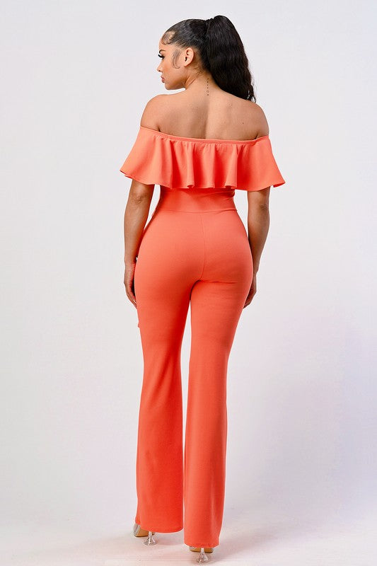 Off the Shoulder Ruffle Trim Jumpsuit