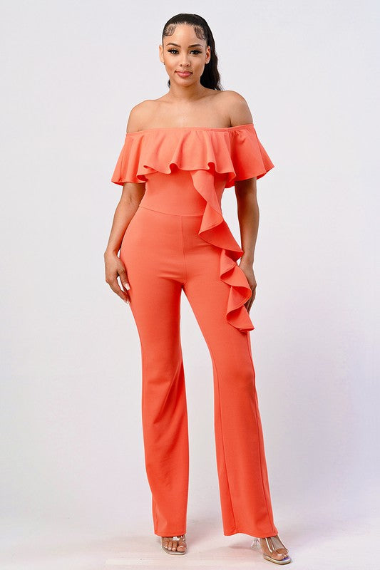 Off the Shoulder Ruffle Trim Jumpsuit