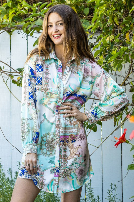 Chain Print Button Down Shirt Dress