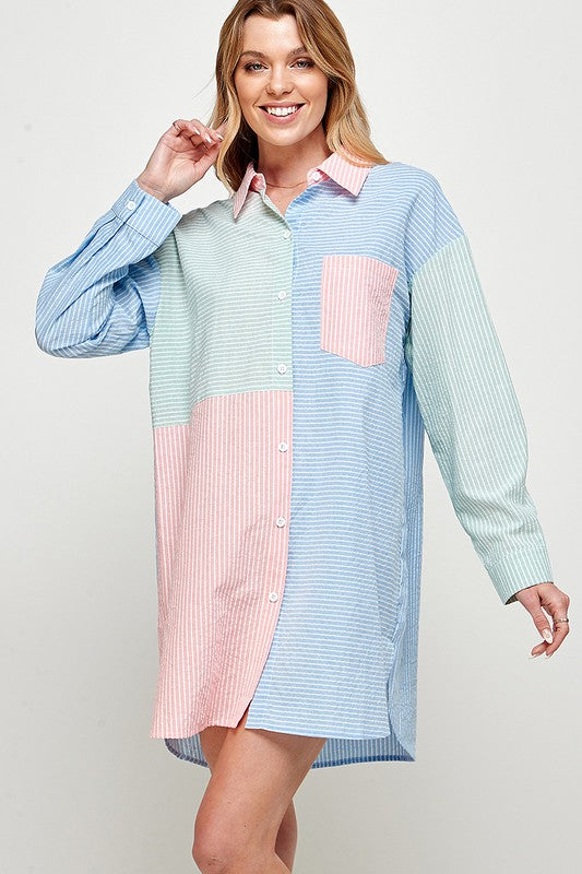 Multi Stripe Long Sleeve Shirt Dress