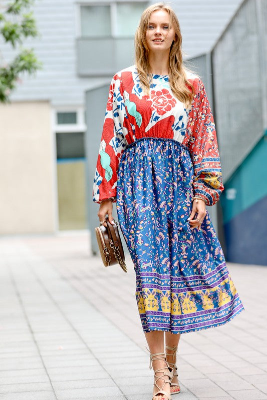 Multi Color Floral Print Midi Dress
