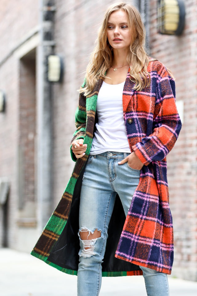Two-Tone Plaid Contrast Button-Down Long Coat