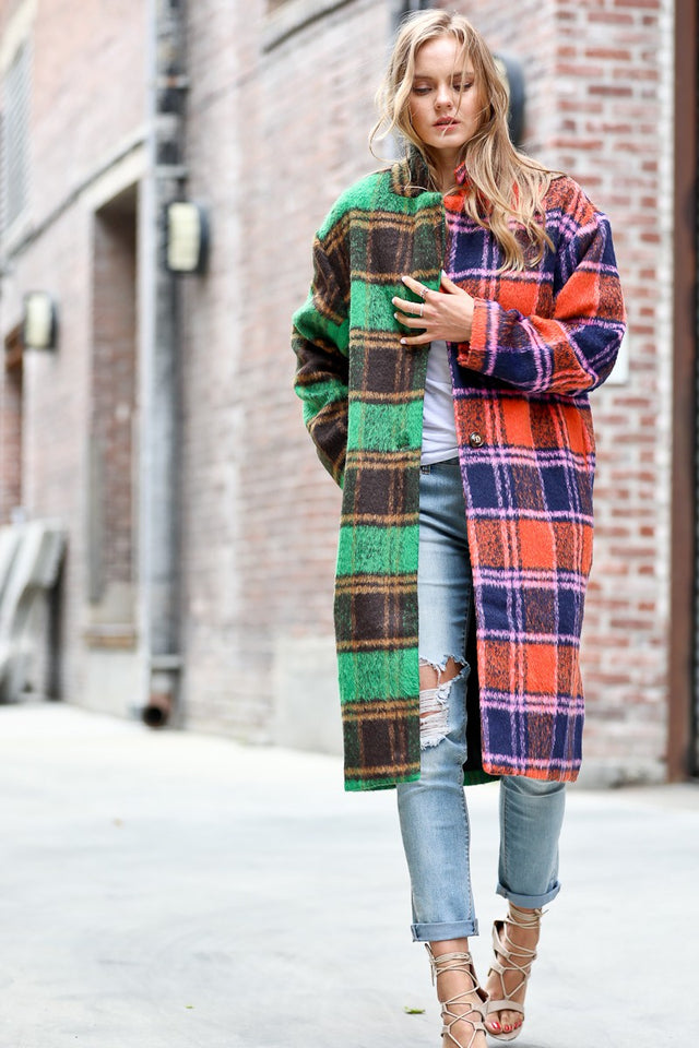 Two-Tone Plaid Contrast Button-Down Long Coat