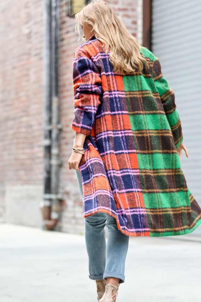 Two-Tone Plaid Contrast Button-Down Long Coat