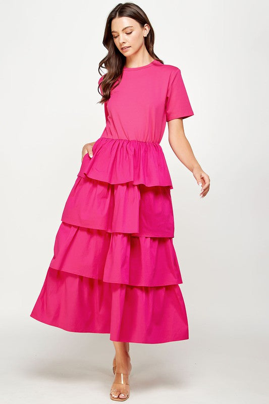 Knit Dress with Poplin Tiered Skirt