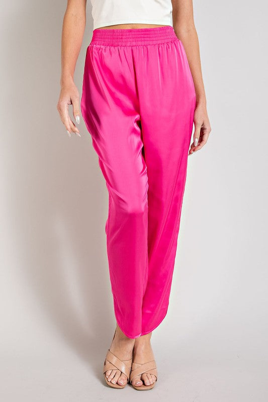 Smocked Satin Pants in Hot Pink