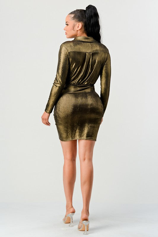 Surplice Neck Wrap Hem Metallic Dress