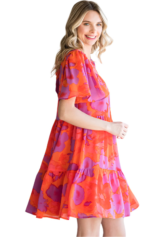 Print Back-tie Tiered Dress
