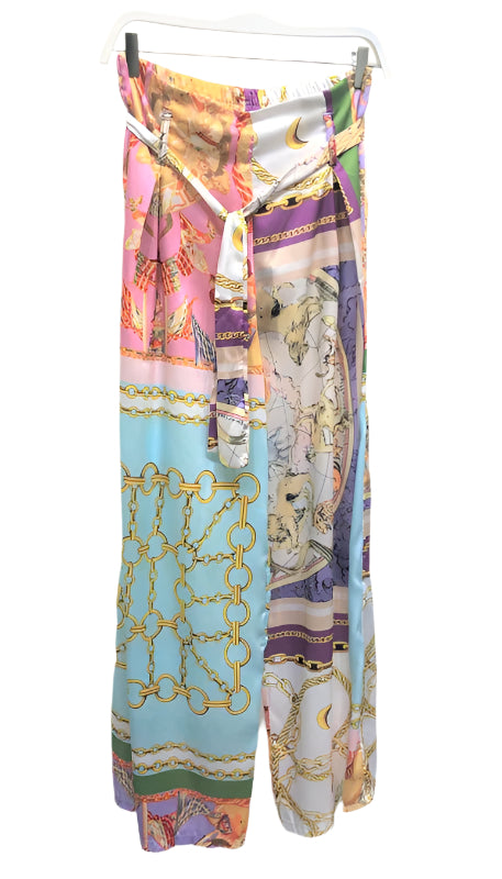 Multi Chains Print Satin Wide Leg Palazzo Pant