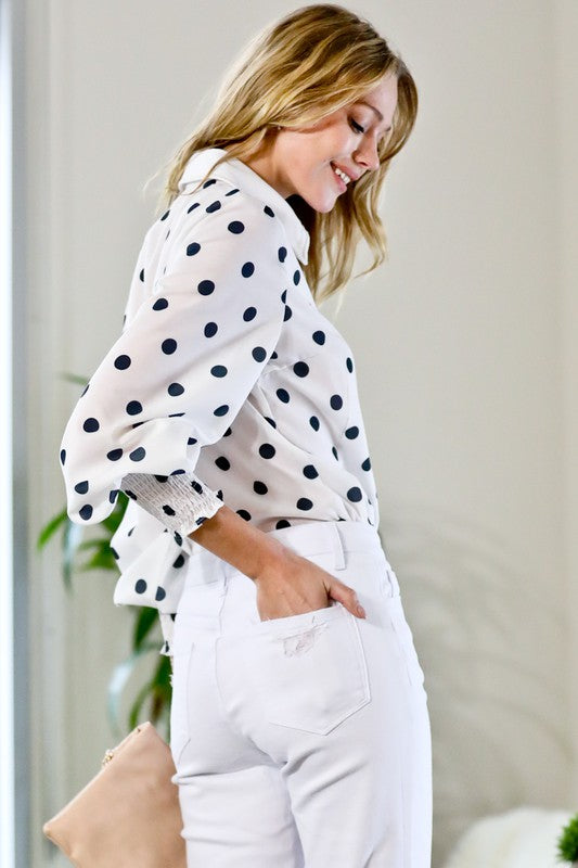 Wide Collar Button Down Polka-Dot Blouse