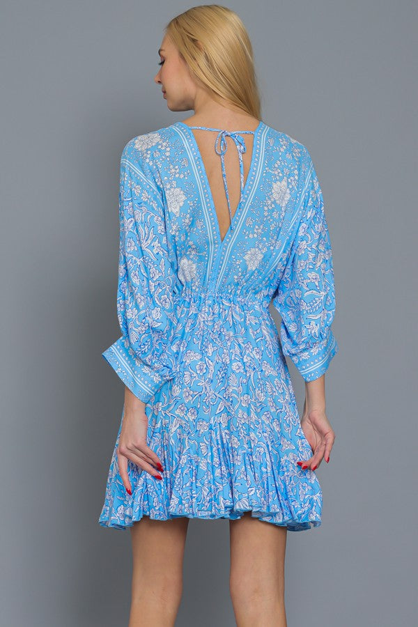 Dolman Sleeve Tie Front Waisted Border Print Mini Dress