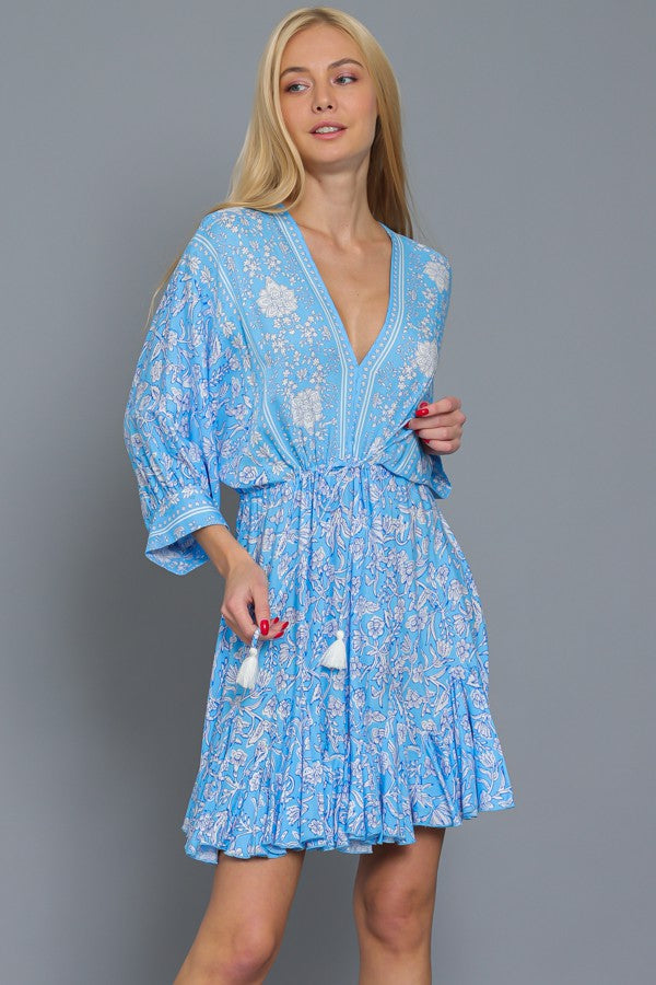 Dolman Sleeve Tie Front Waisted Border Print Mini Dress