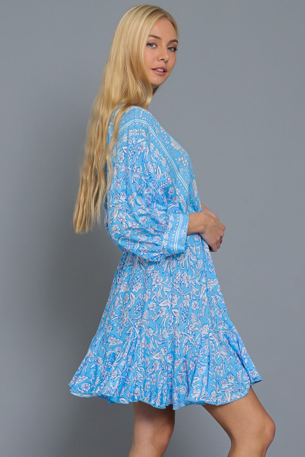 Dolman Sleeve Tie Front Waisted Border Print Mini Dress