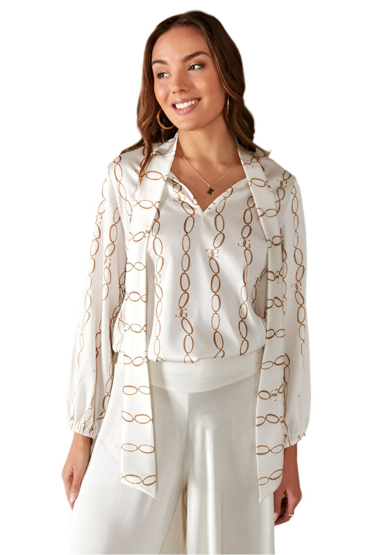 GC Chains Print Cuff Long Sleeve Twill Satin Top