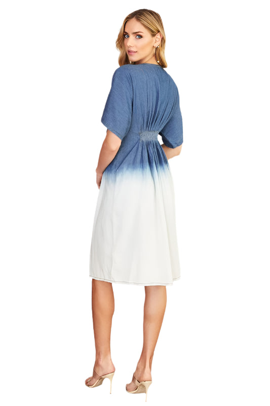Dip Dye Low Embellishment Smocked Waist Midi Dress