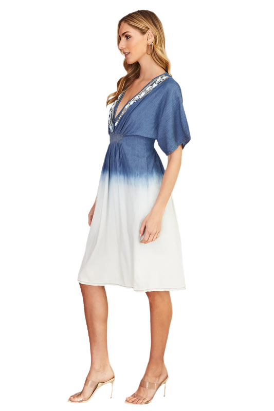 Dip Dye Low Embellishment Smocked Waist Midi Dress