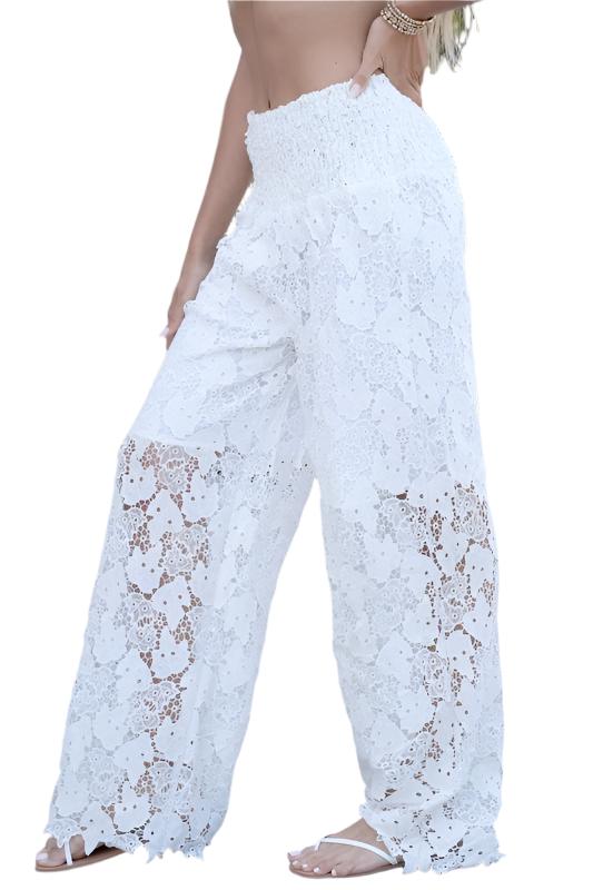 Leaf Mesh Lace Smocked High Waist Pants