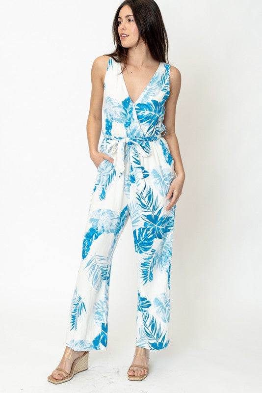 Sleeveless Tropical Print Jumpsuit
