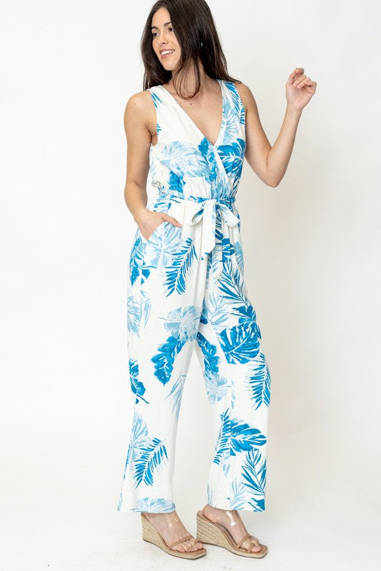 Sleeveless Tropical Print Jumpsuit