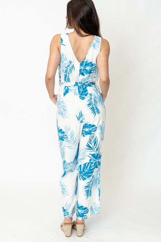 Sleeveless Tropical Print Jumpsuit