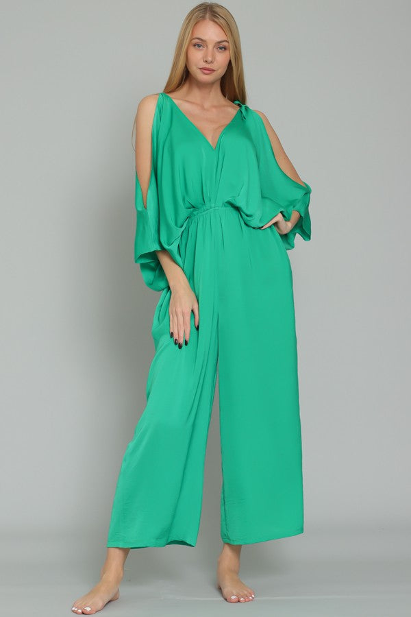 Tie Shoulder Strap Kimono Sleeve Elastic Waist Jumpsuit