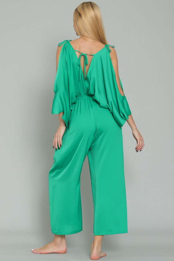 Tie Shoulder Strap Kimono Sleeve Elastic Waist Jumpsuit