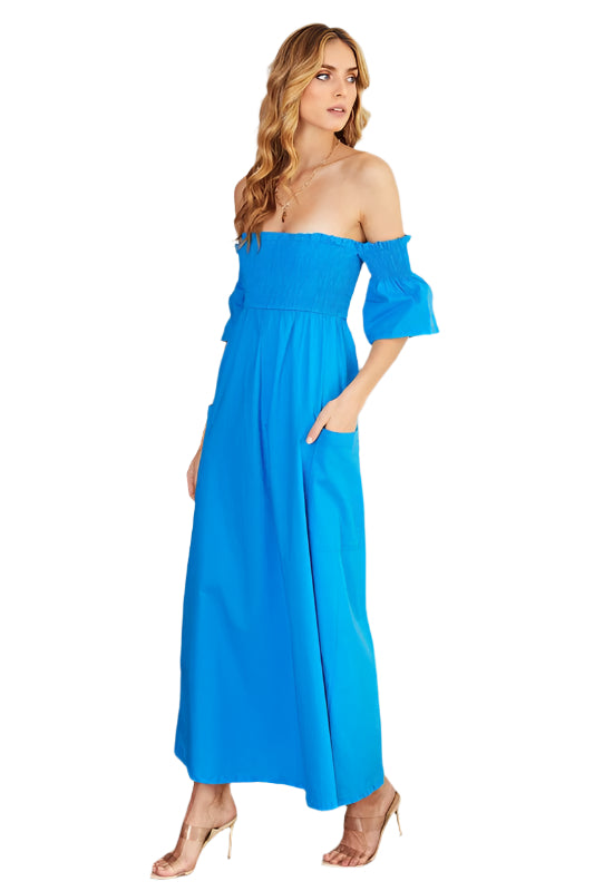 Off Shoulder Smocked Middle Slit Maxi Linen Dress