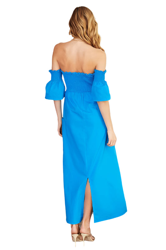 Off Shoulder Smocked Middle Slit Maxi Linen Dress