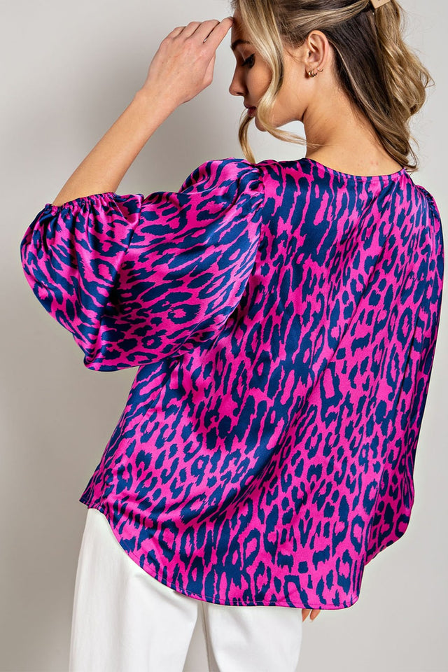 Leopard Pattern V Neck Long Sleeve Top