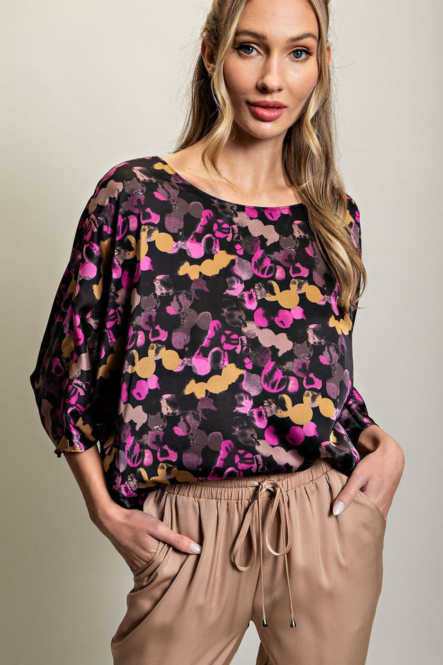 Satin Printed Dolman Sleeve Top