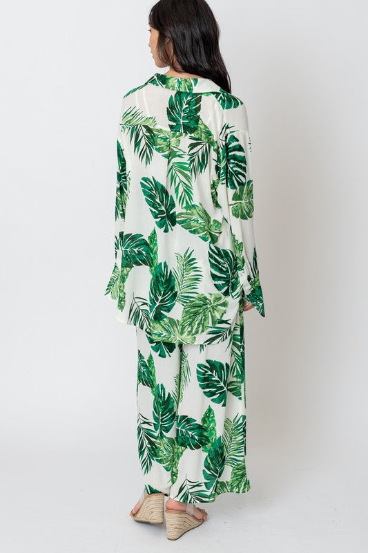 Long Sleeve Button Down Shirt with Palm Leaves
