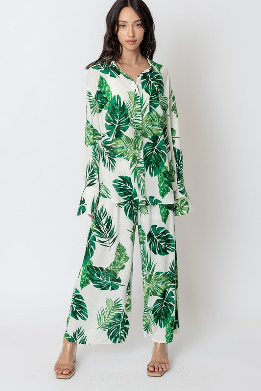 Long Sleeve Button Down Shirt with Palm Leaves