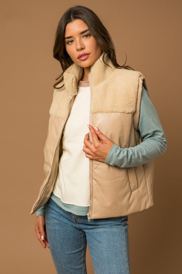 Faux Leather Sherpa Mix Vest