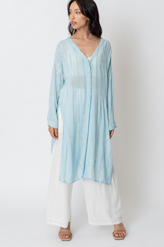 Lurex Striped Button Down Shirt Dress